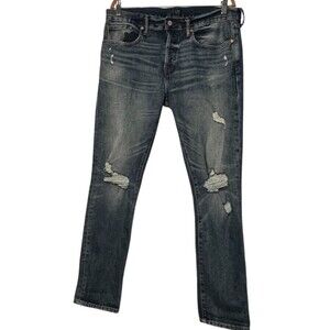 Gap 1969 Straight Jeans Womens 33  Blue Distresses Denim Button Fly 5 Pocket